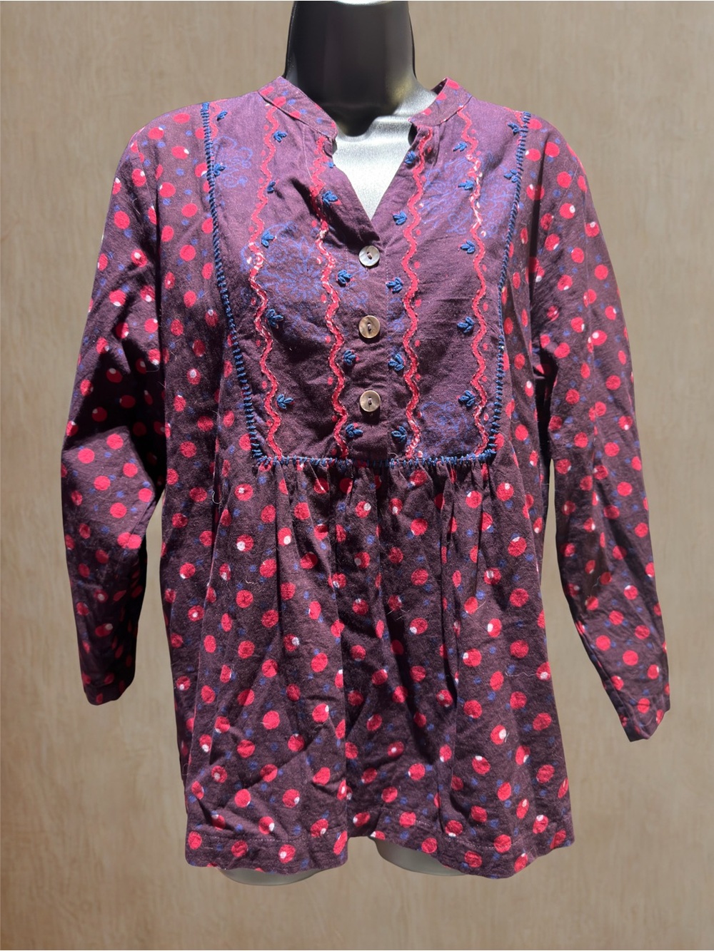 Womens Purple Polka Dot Tunic with Embroidered Bib